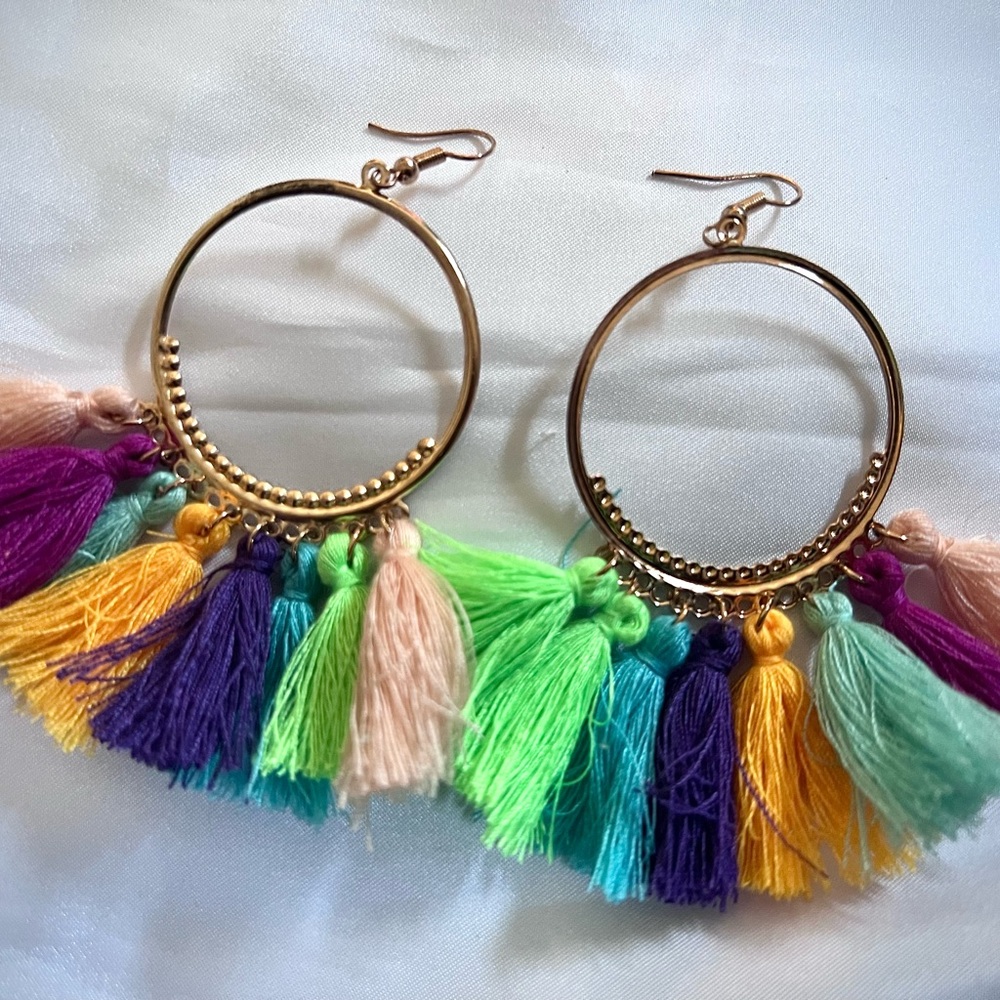 EARRINGS BOHO Hoop Multi-Colorful Tassels NWOT